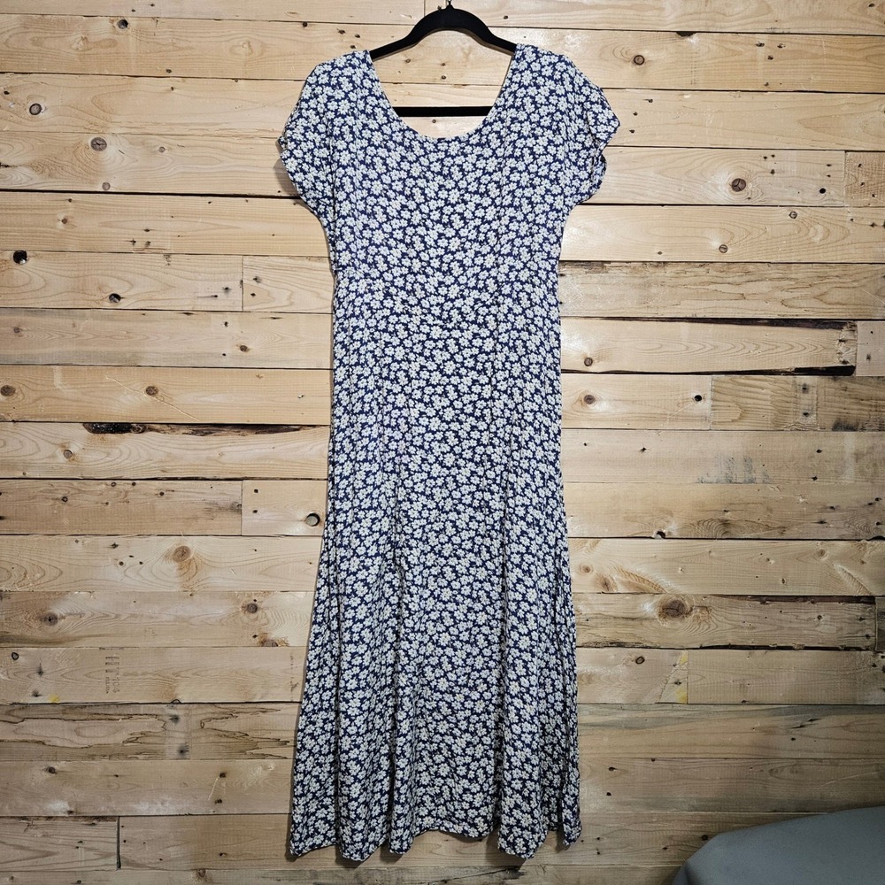 Vintage All That Jazz Navy Blue Floral Daisy Midi Dress 9 / 10 90s USA Grunge - Picture 3 of 10